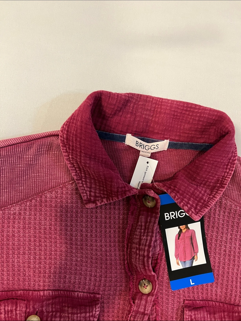 Briggs New York Raspberry Red Waffle Knit Button-Front Shirt Size L - Picture 7 of 11